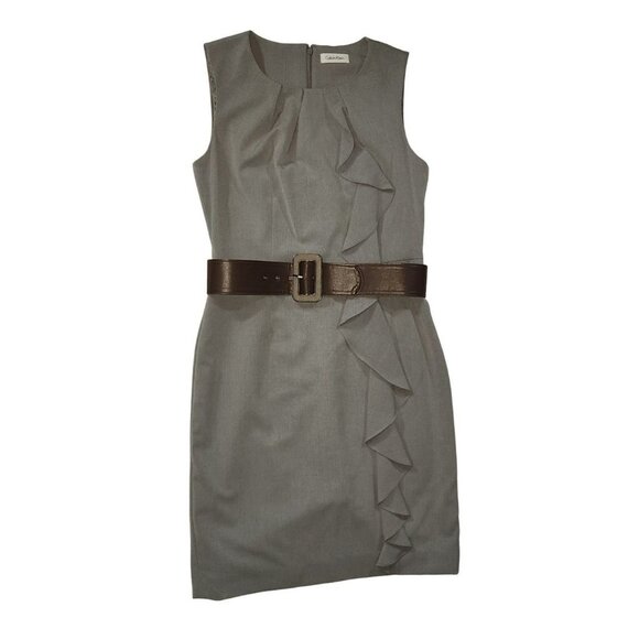 Calvin Klein Grey Sleeveless Sheath Dress With Brown Belt Size Medium (See Measu - Picture 1 of 6